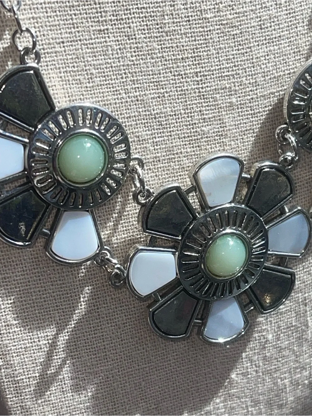 Floral Statement Necklace with Mint Accents Silver Flower Necklace with Green St
